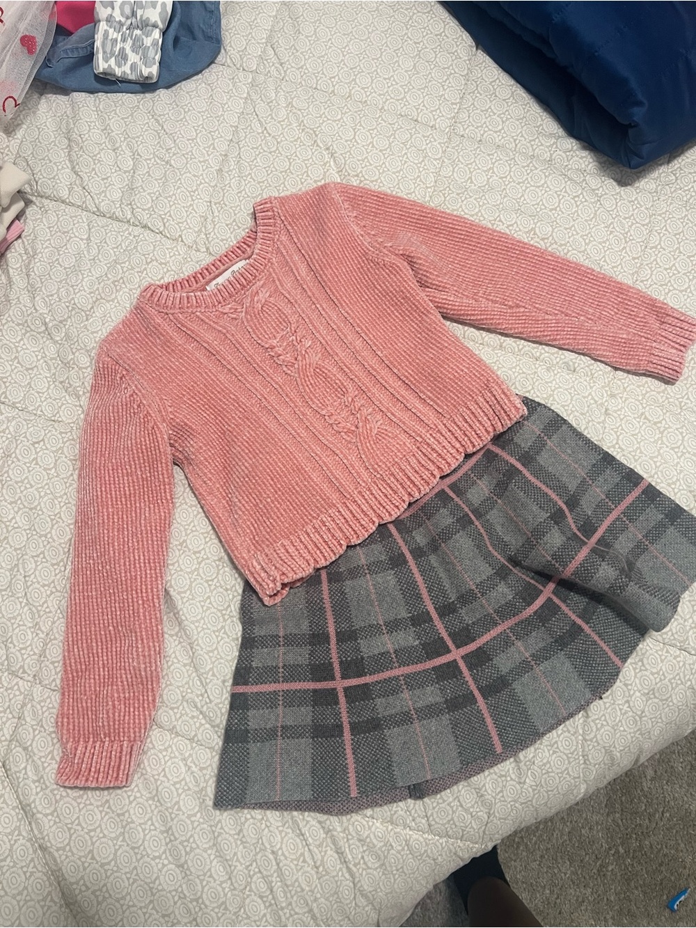 Tommy Bahama Pink Sweater and Gray Plaid Skirt Set